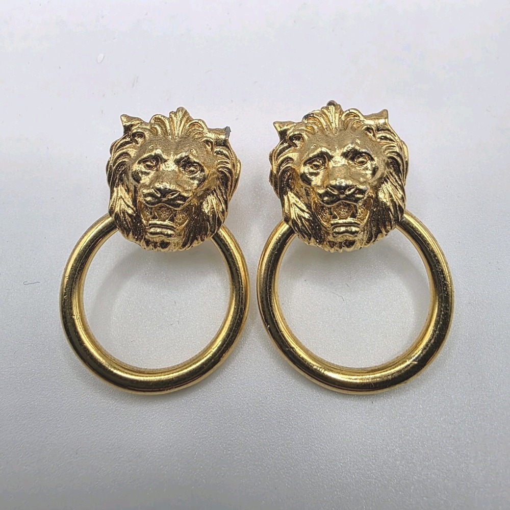 Vintage Lion Door Knocker Screw On Earrings Heavy Gold Tone